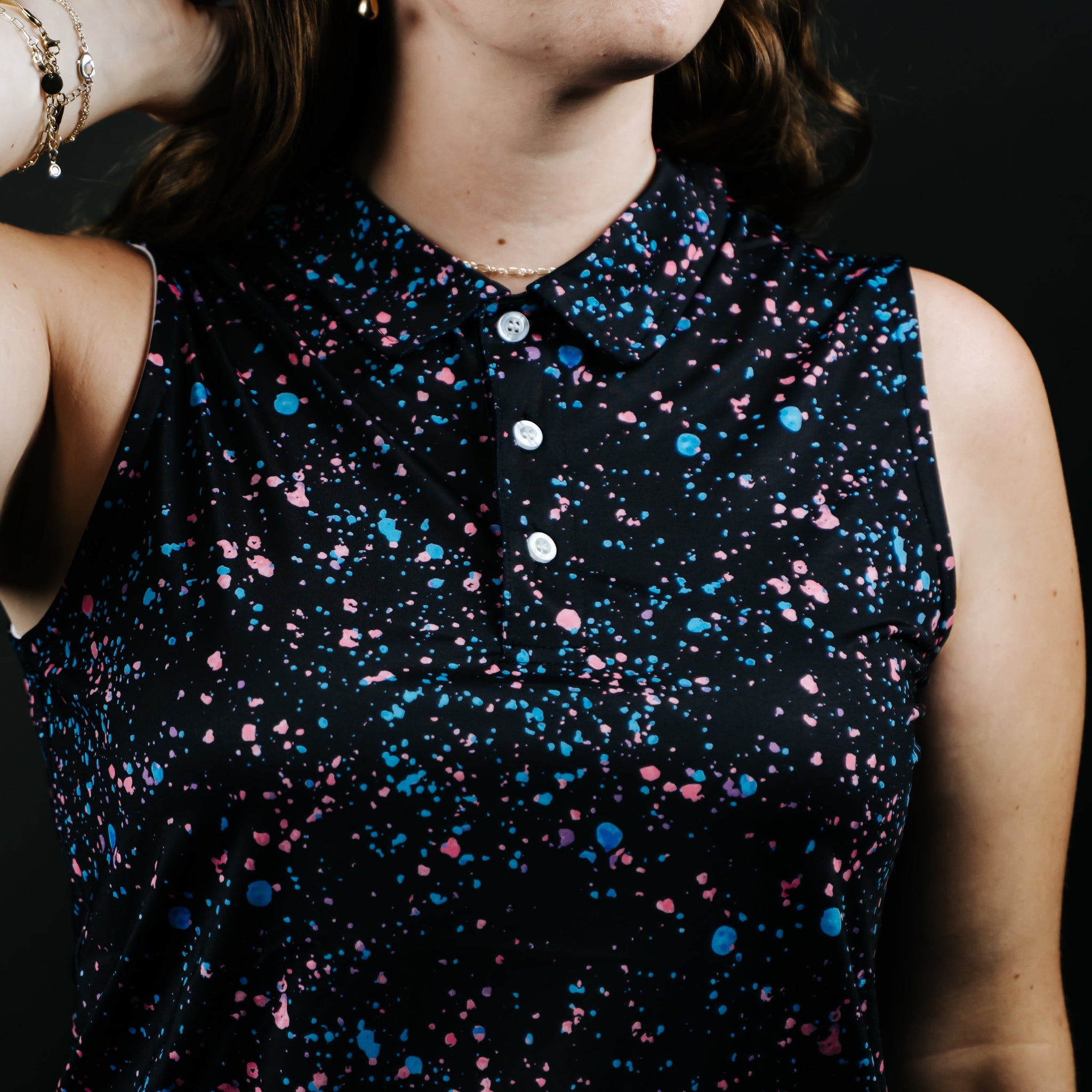 Womens Black Paint Splatter Polo