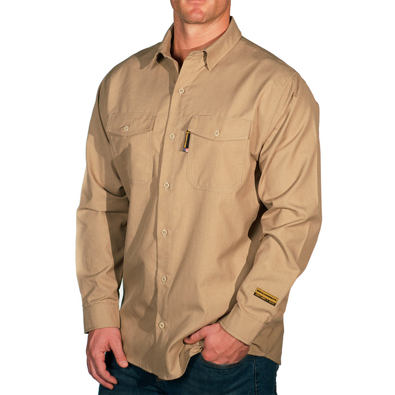 Load image into Gallery viewer, silver bullet flame resistant button up shirt beige
